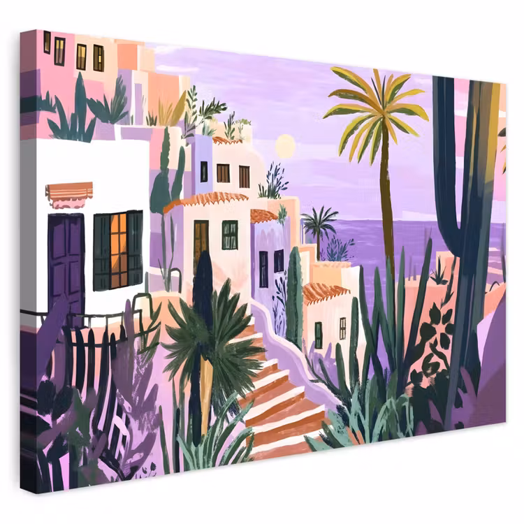 Buiten canvas - Huizen - Minimalistisch - Palmbomen - Kust — 1