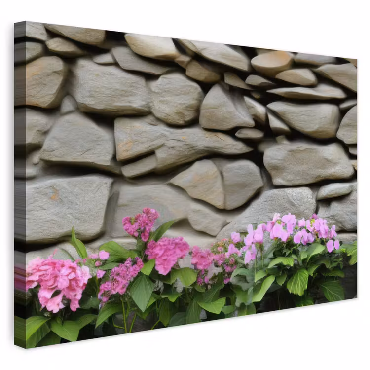 Buiten canvas - Hortensia’s - Stenen - Muur - Bloemen — 1