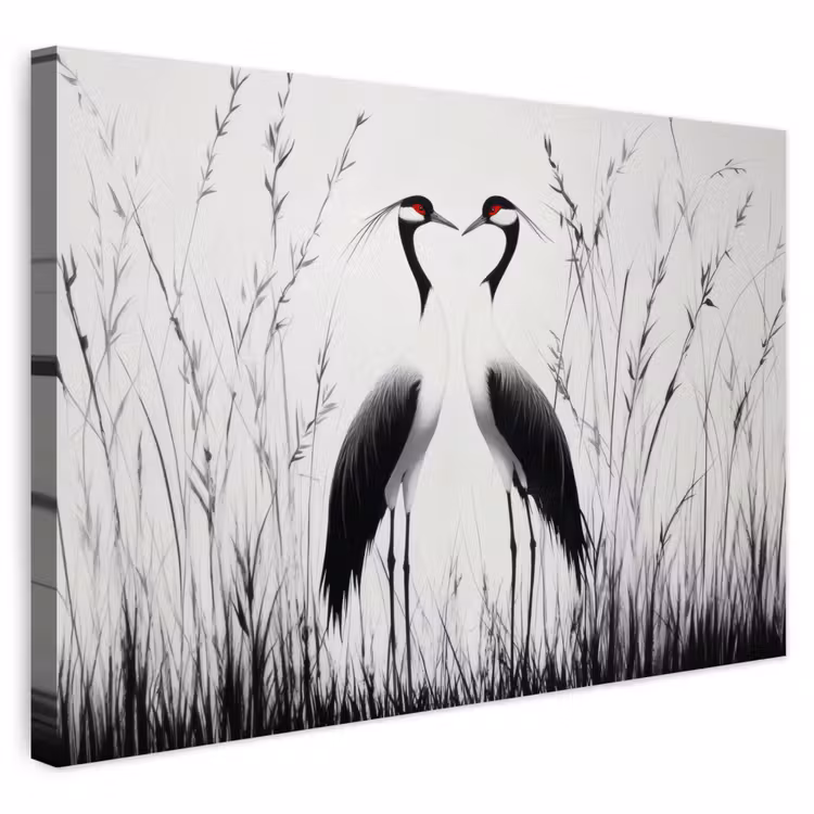 Buiten canvas - Kraanvogels - Gras - Hartvorm - Zwart — 1