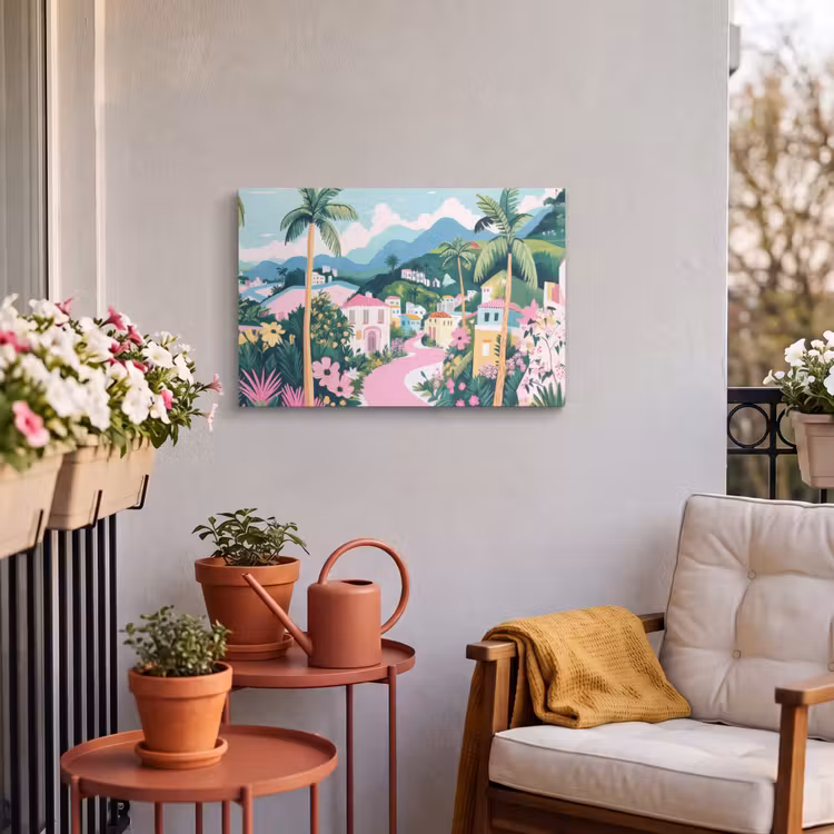 Buiten canvas - Kleurrijk - Huizen - Heuvels - Roze — 3