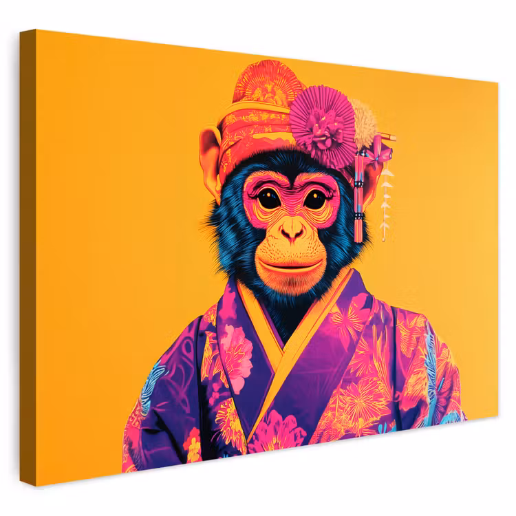 Buiten canvas - Aap - Kimono - Bloemen - Hoofdtooi — 1