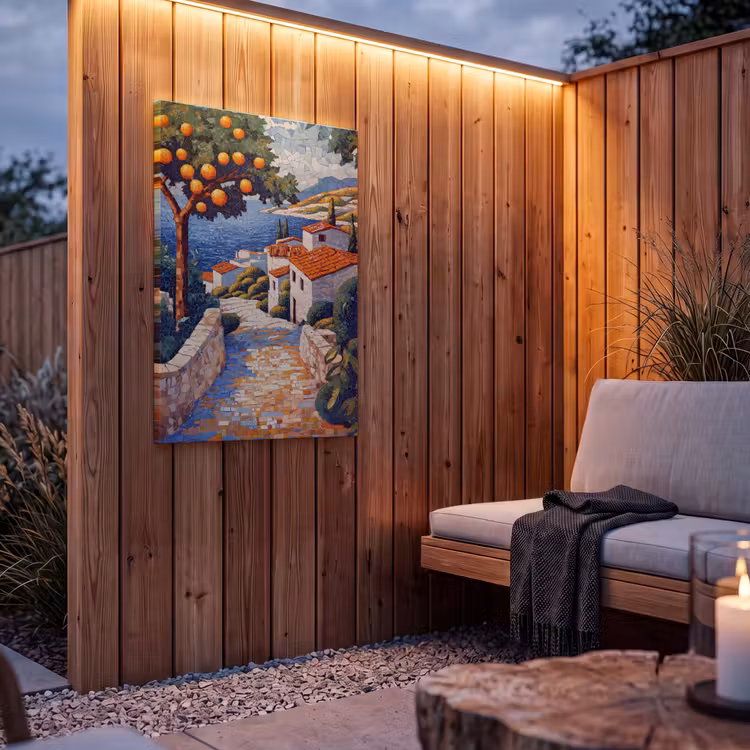 Buiten canvas - Huizen - Mozaïek - Sinaasappelbomen - Zee — 4
