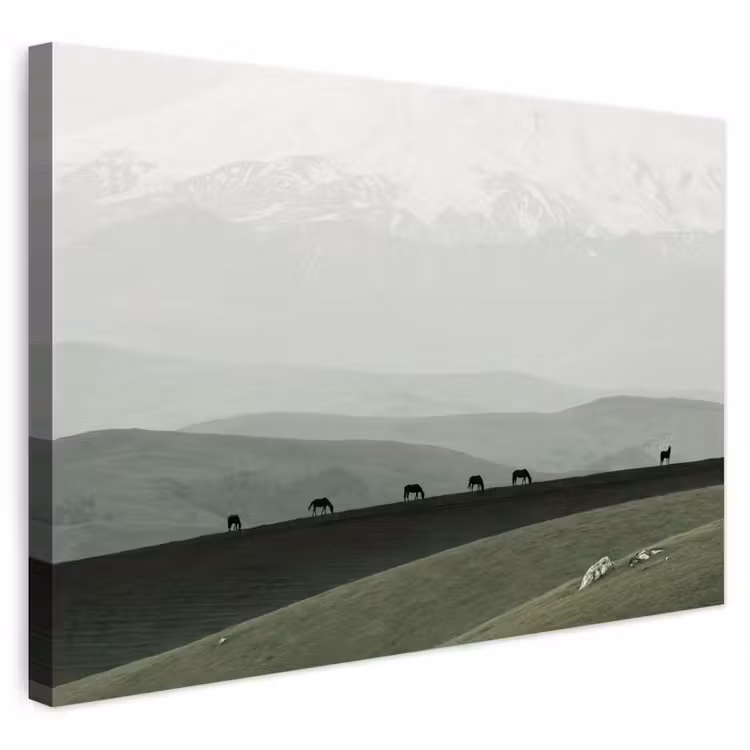 Buiten canvas - Grijs - Berg - Paarden — 1