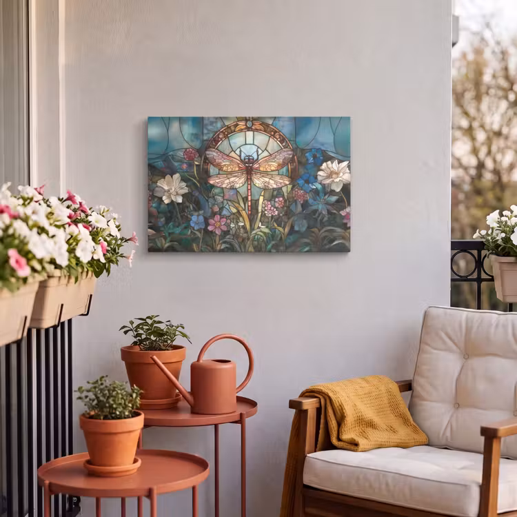 Buiten canvas - Libelle - Mozaïek - Bloemen - Kleurrijk — 3