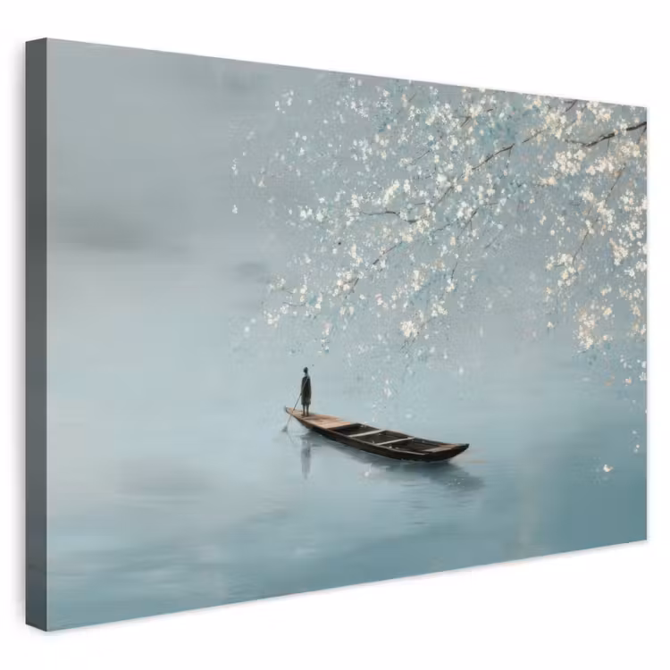 Buiten canvas - Bloesems - Minimalistisch - Wateroppervlak - Boot — 1