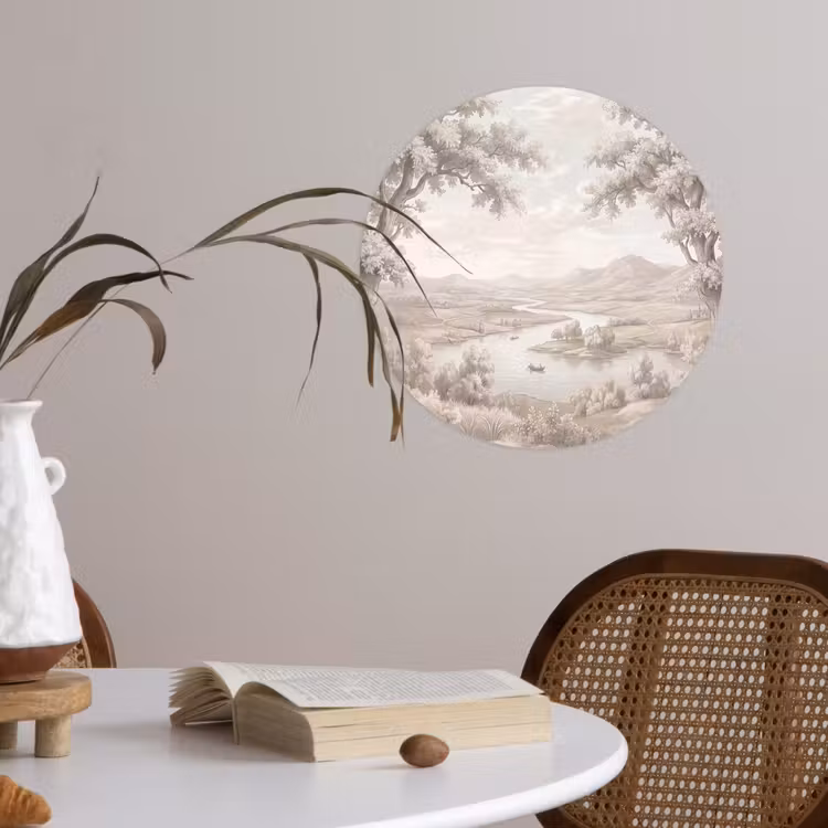 Behangcirkel - Rivierlandschap - Bergen - Natuur - Vintage - Beige — 4