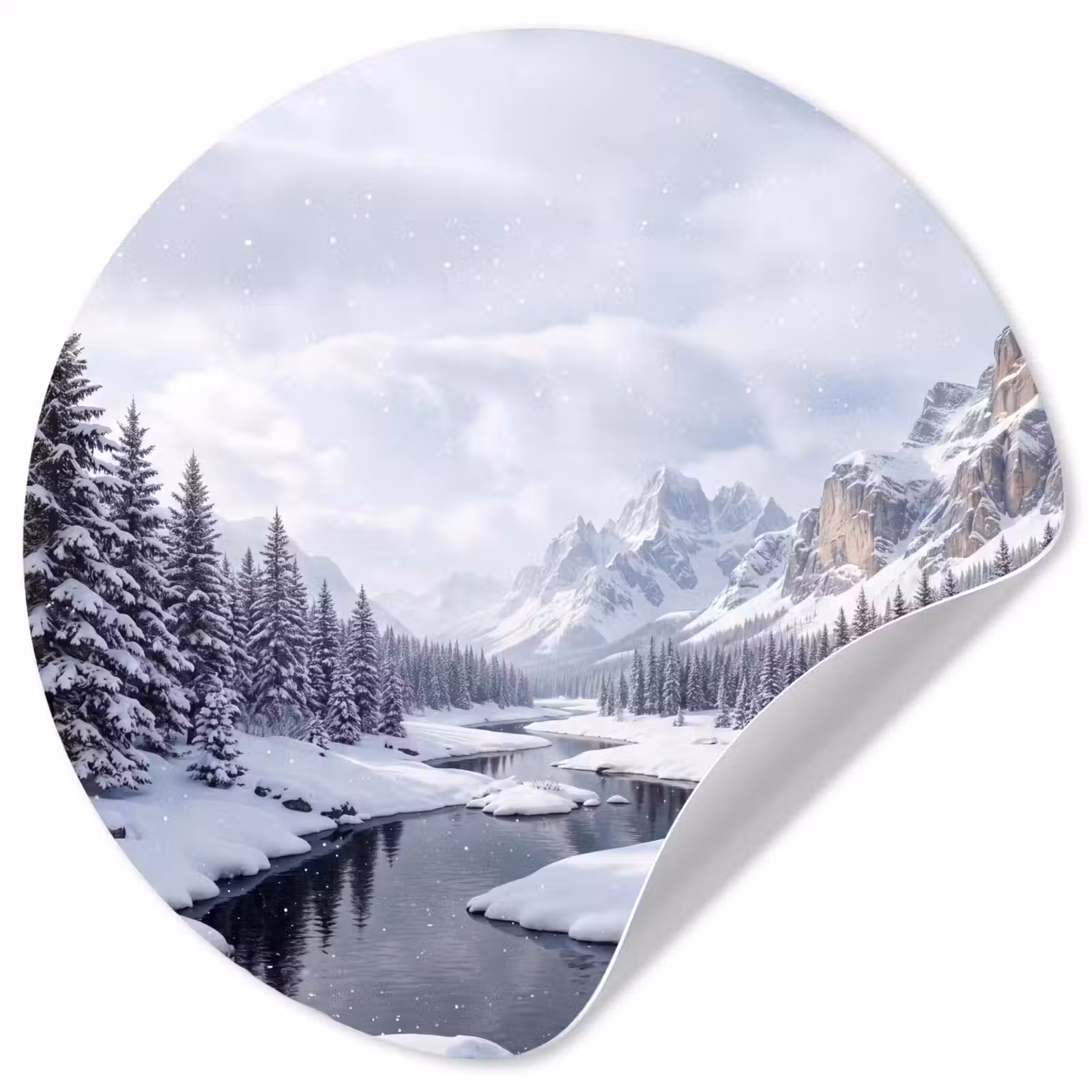 Behangcirkel - Sneeuwlandschap - Bergen - Rivier - Winter — 1