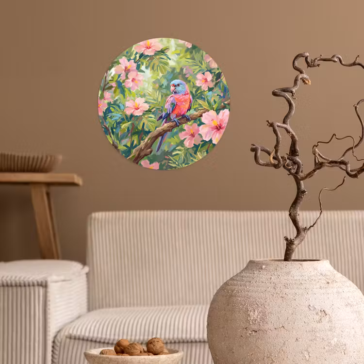 Behangcirkel - Papagaai - Hibiscusbloemen - Kleurrijk — 2