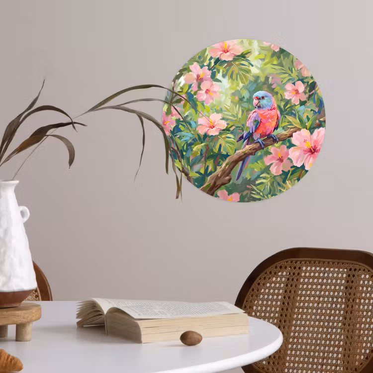 Behangcirkel - Papagaai - Hibiscusbloemen - Kleurrijk — 4