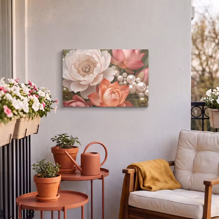 Buiten canvas - Bloemen - Parels - Elegant - Roze - Wit — 4