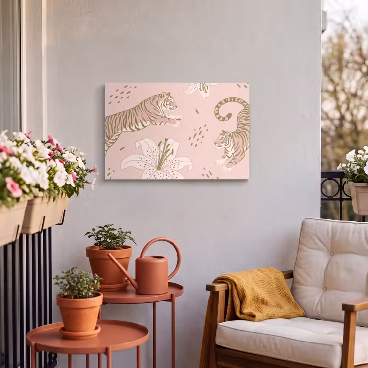 Buiten canvas - Kat - Springend - Bloemen - Abstract - Roze — 4