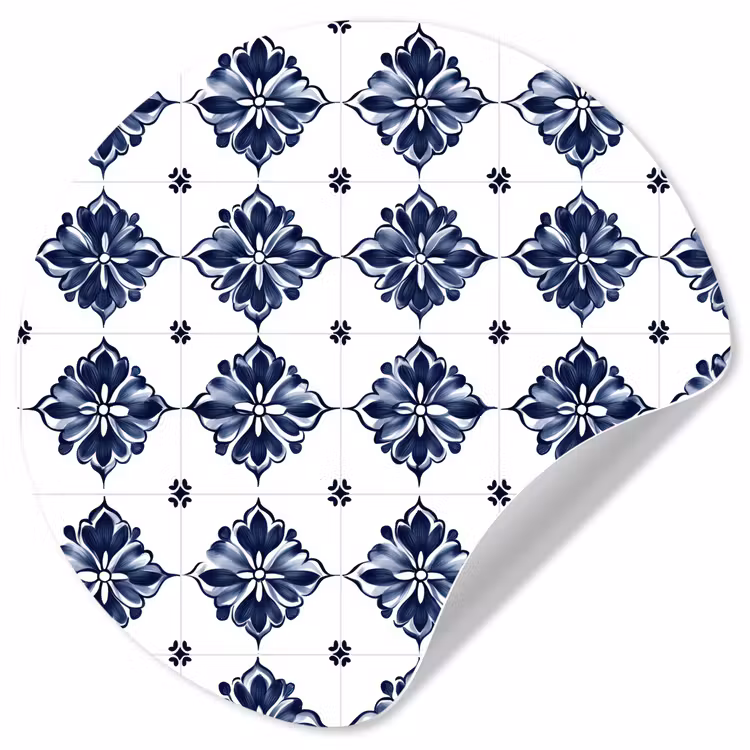 Behangcirkel - Tegelmotief - Blauw - Wit - Bloem — 1