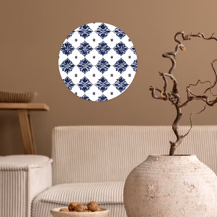 Behangcirkel - Tegelmotief - Blauw - Wit - Bloem — 2