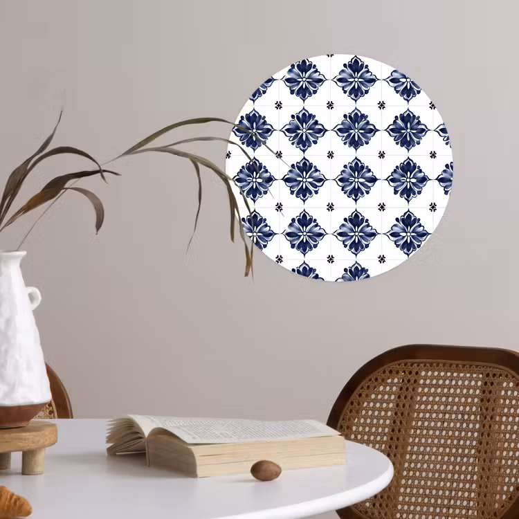 Behangcirkel - Tegelmotief - Blauw - Wit - Bloem — 4