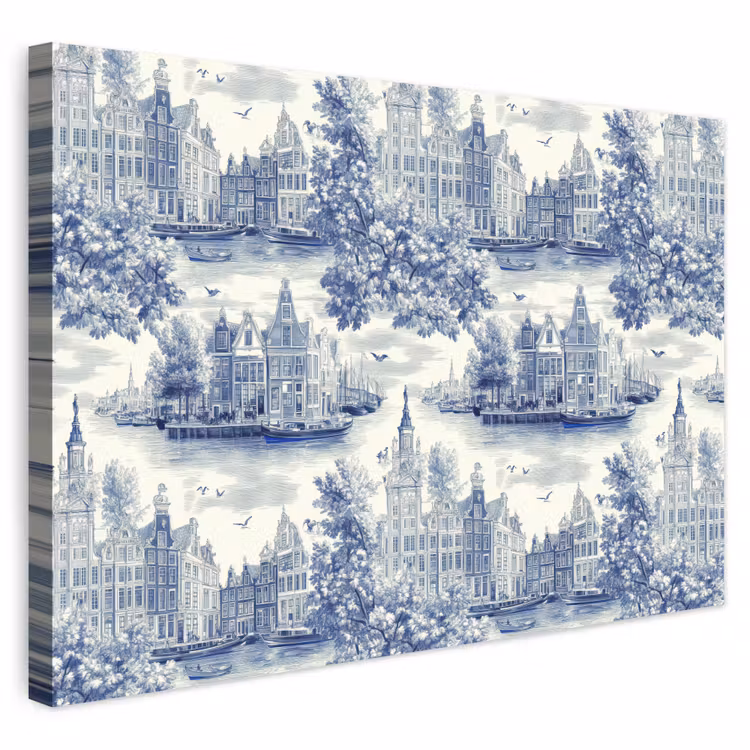 Buiten canvas - Huizen - Bomen - Water - Vogels - Blauw — 1