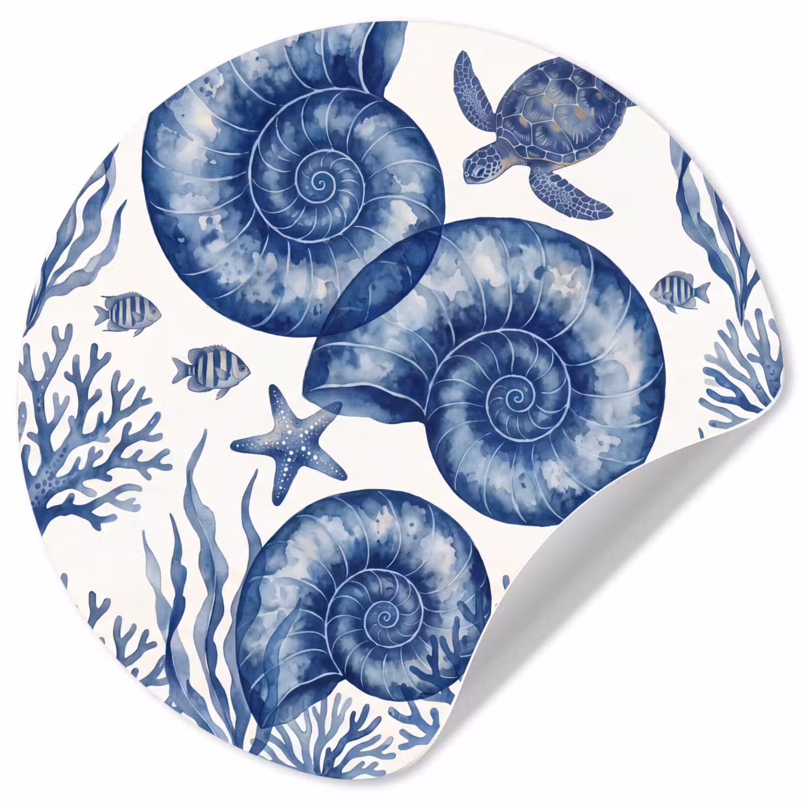 Behangcirkel - Schelp - Spiraal - Zeeleven - Aquarel - Blauw — 1
