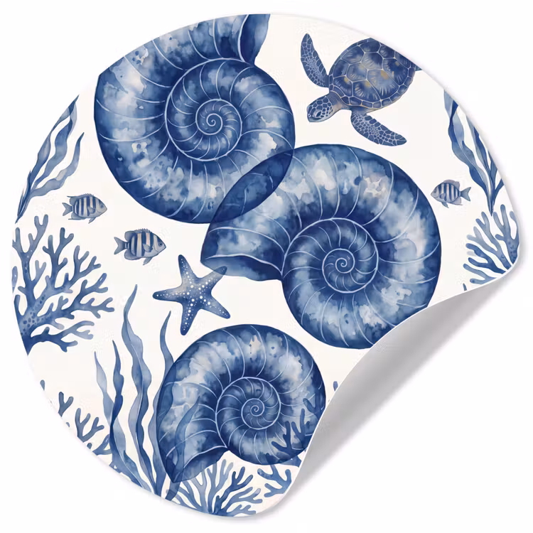 Behangcirkel - Schelp - Spiraal - Zeeleven - Aquarel - Blauw — 1