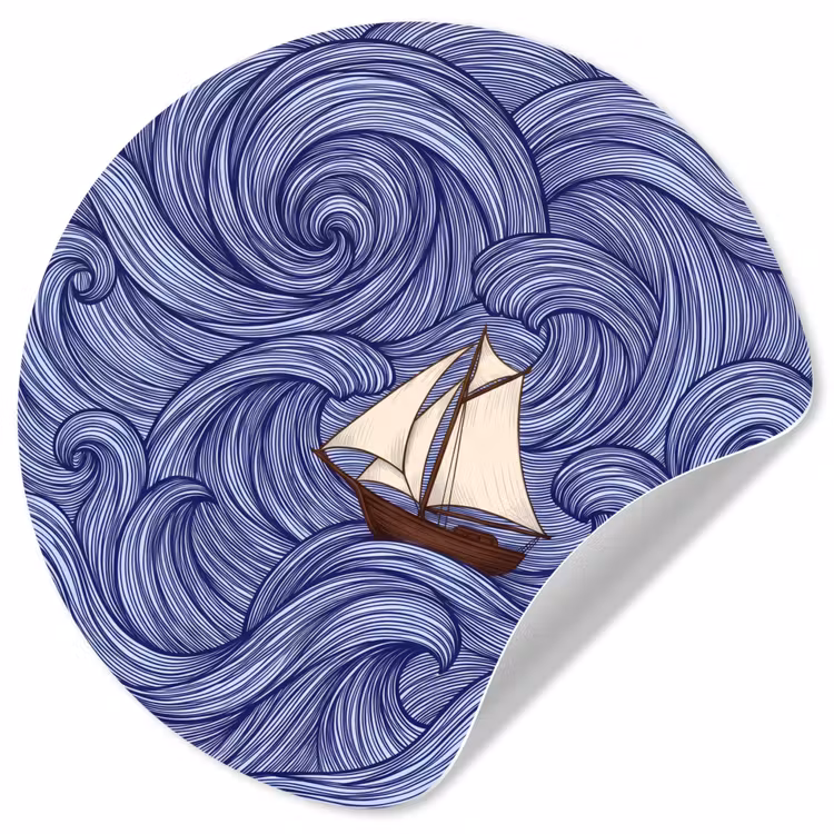 Behangcirkel - Schip - Golven - Zee - Illustratie - Blauw — 1