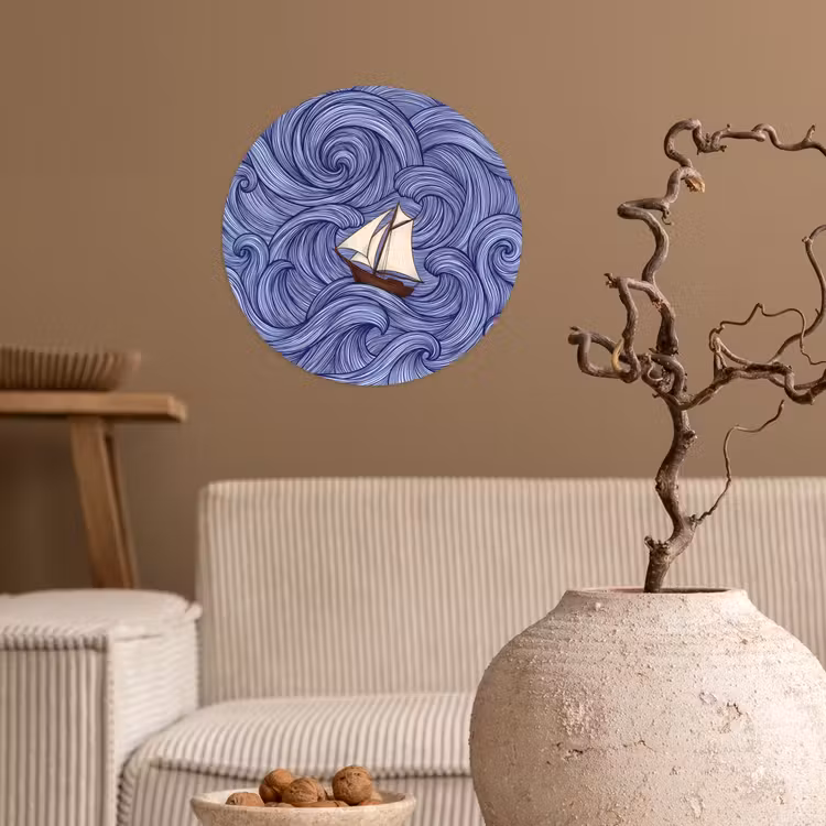 Behangcirkel - Schip - Golven - Zee - Illustratie - Blauw — 2
