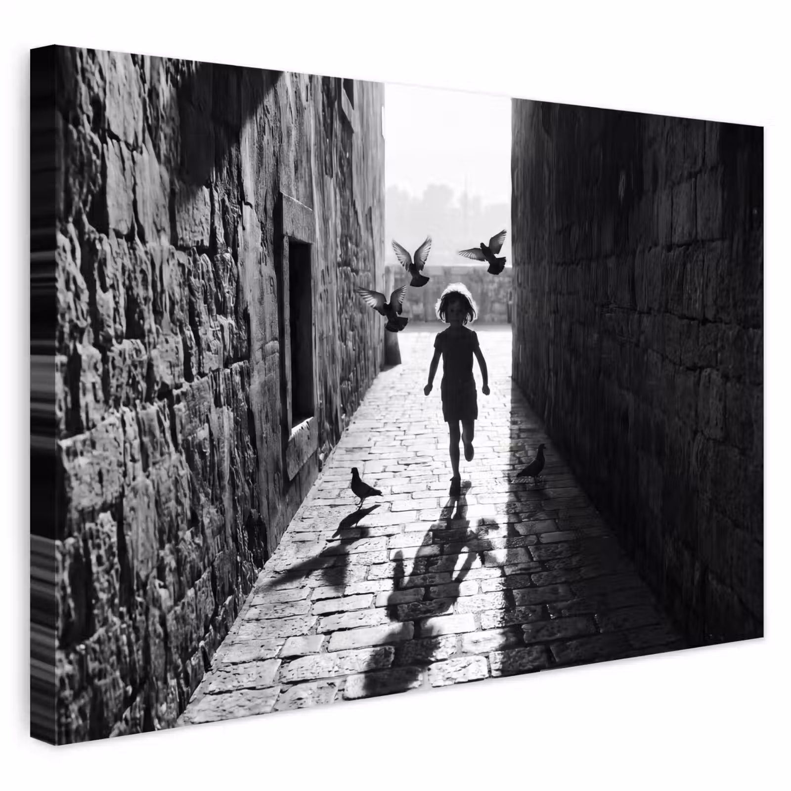 Buiten canvas - Kind - Vogel - Straat - Zwart-wit - Spelen — 1