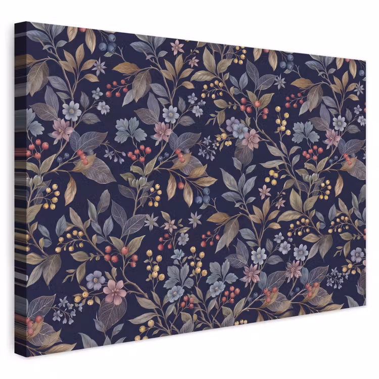 Buiten canvas - Bloemen - Bladeren - Patroon - Botanisch - Donkerblauw — 1
