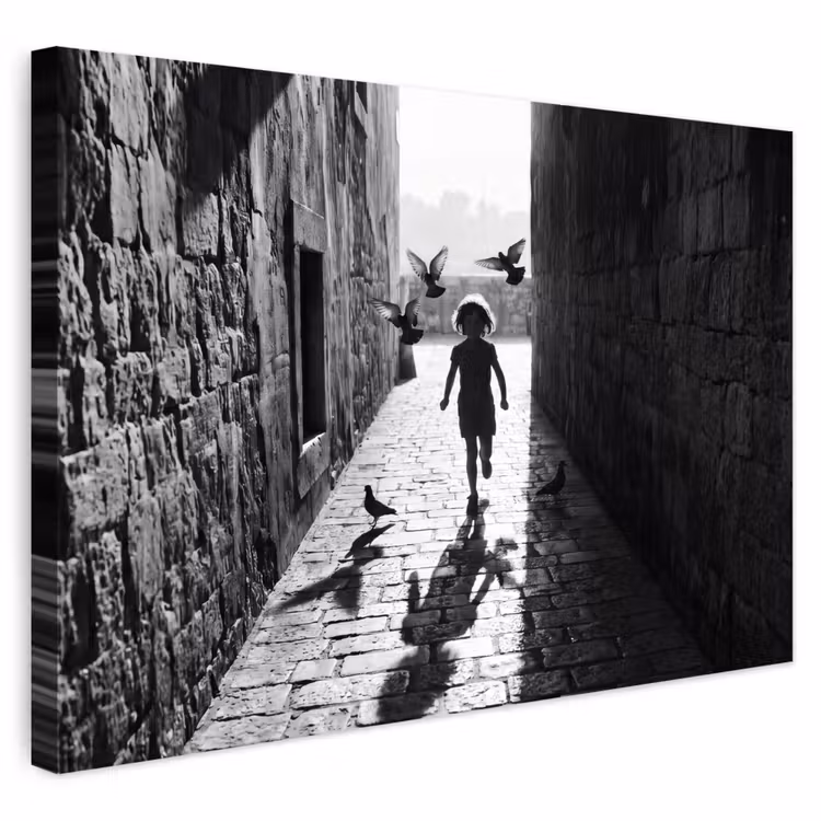 Buiten canvas - Kind - Vogel - Straat - Zwart-wit - Spelen — 1