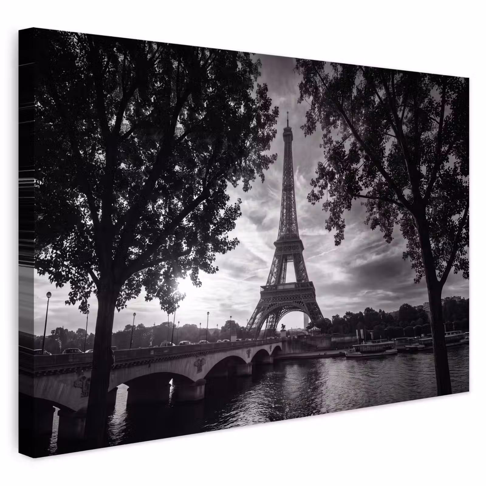 Buiten canvas - Eiffeltoren - Parijs - Rivier - Architectuur - Zwart-wit — 1