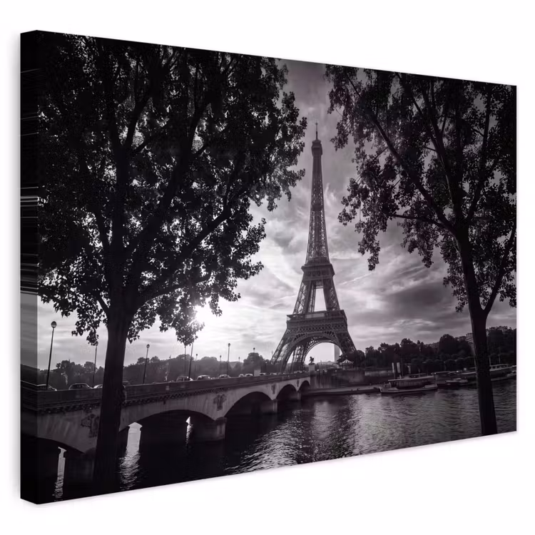 Buiten canvas - Eiffeltoren - Parijs - Rivier - Architectuur - Zwart-wit — 1