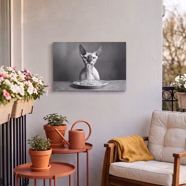 Buiten canvas - Sphynx - Kat - Dieren - Humor - Spaghetti - Zwart Wit — 3