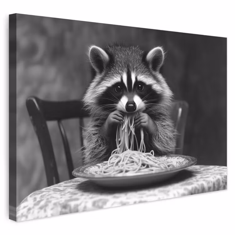 Buiten canvas - Wasbeer - Cute - Pasta - Tafelkleed - Zwart - Wit — 1