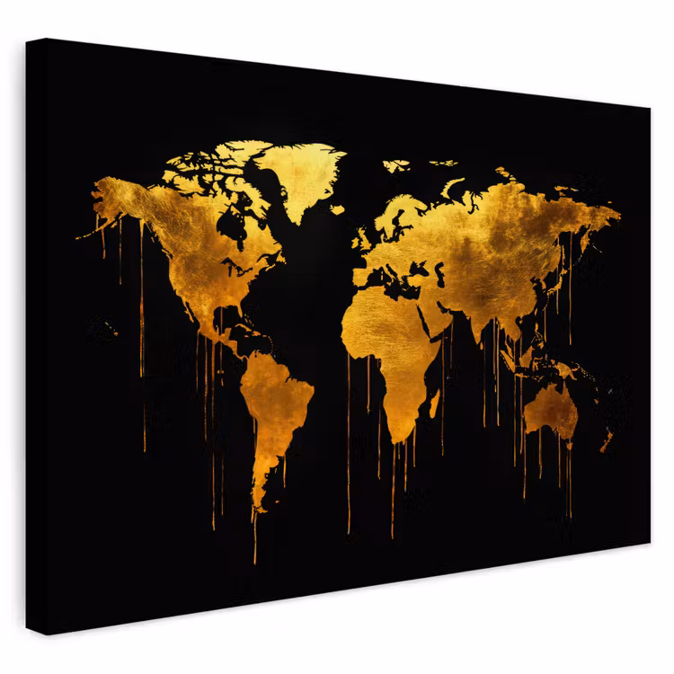 Buiten canvas - Wereldkaart - Goud - Druipen - Zwart — 1