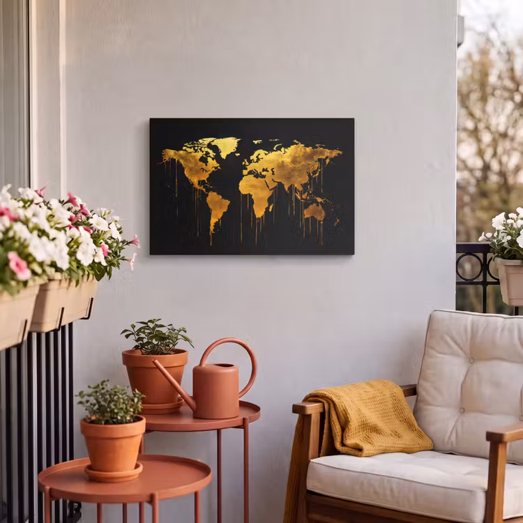 Buiten canvas - Wereldkaart - Goud - Druipen - Zwart — 3