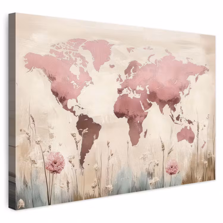 Buiten canvas - Wereldkaart - Roze - Bloemen — 1