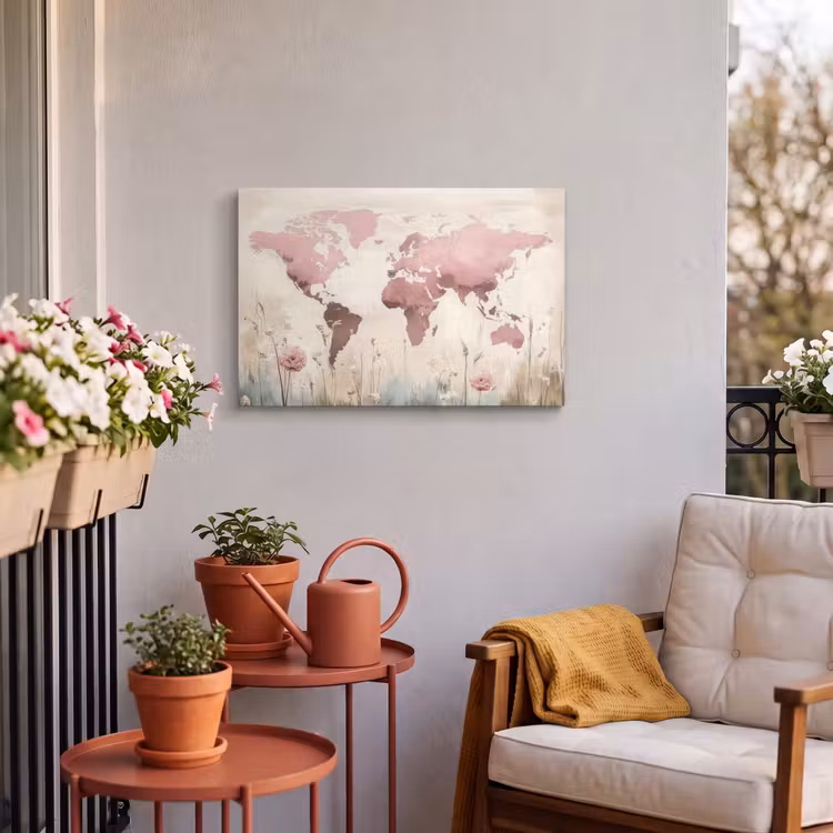 Buiten canvas - Wereldkaart - Roze - Bloemen — 3