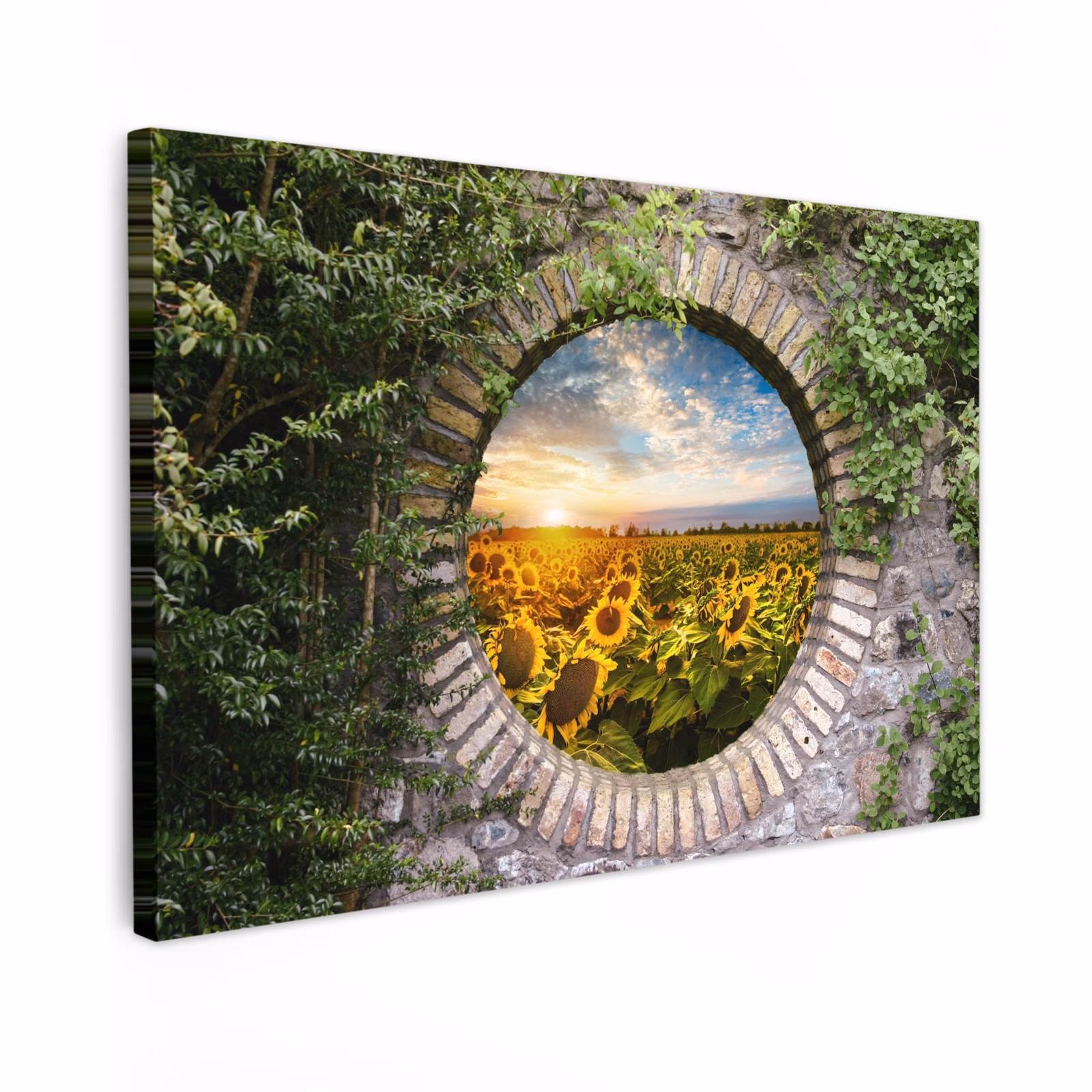 Buiten canvas - Ronde poort naar zonnebloemveld — 1