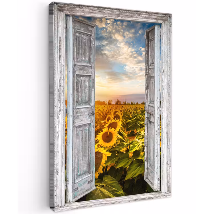 Buiten canvas - Oude deuren naar zonnebloemveld — 1