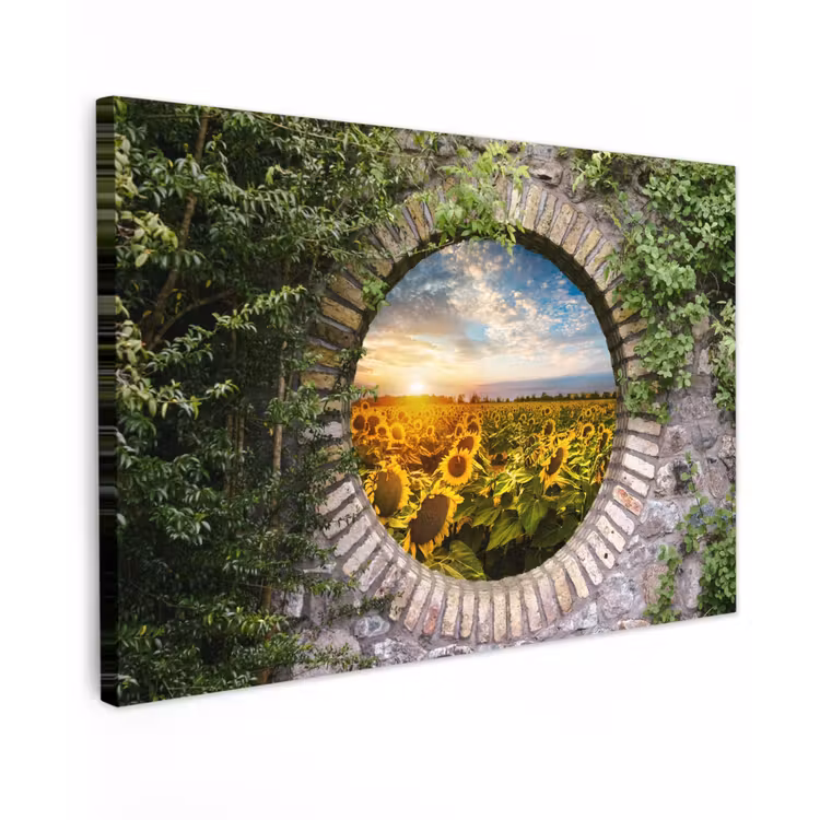 Buiten canvas - Ronde poort naar zonnebloemveld — 1