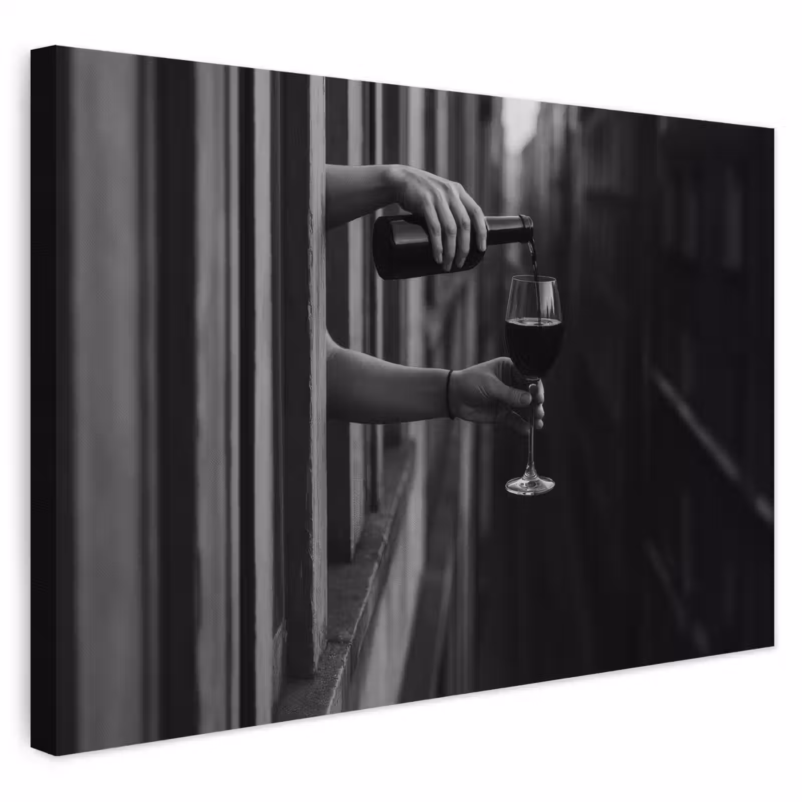 Buiten canvas - Wijnfles - Glas - Handen - Raam — 1