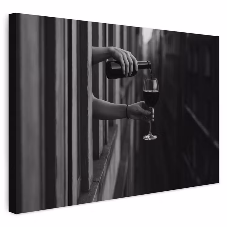 Buiten canvas - Wijnfles - Glas - Handen - Raam — 1