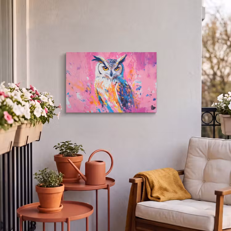 Buiten canvas - Uil - Roze - Blauw - Verf - Abstract — 4