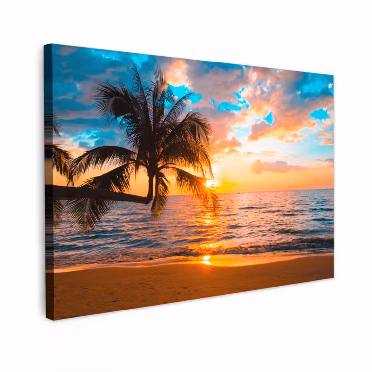 Buiten canvas - Palm - Zonsondergang - Horizon - Strand - Zee - Tropisch — 1