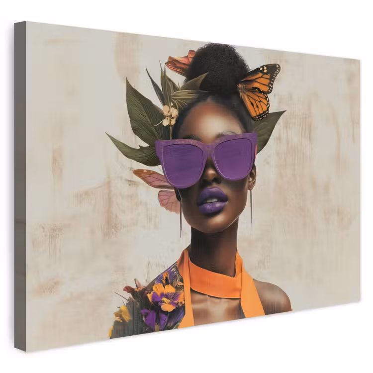 Buiten canvas - Vrouw - Zonnebril - Vlinder - Bloemen — 1