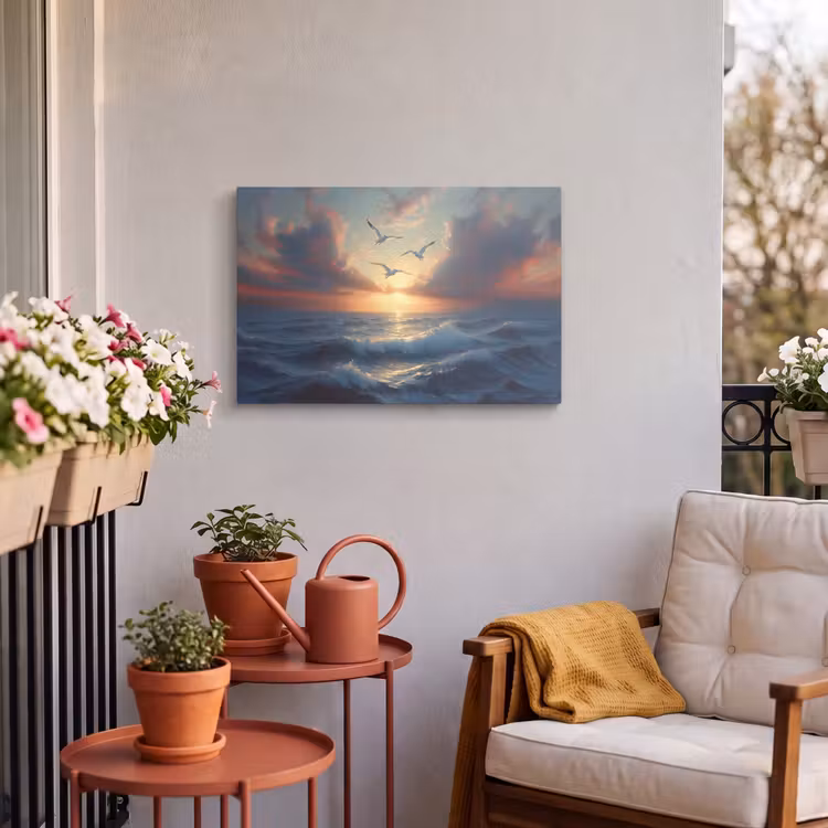 Buiten canvas - Meeuwen - Zonsondergang - Zee - Wolken — 3