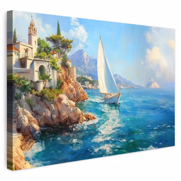Buiten canvas - Zeilboot - Rotsen - Kust - Huizen — 1
