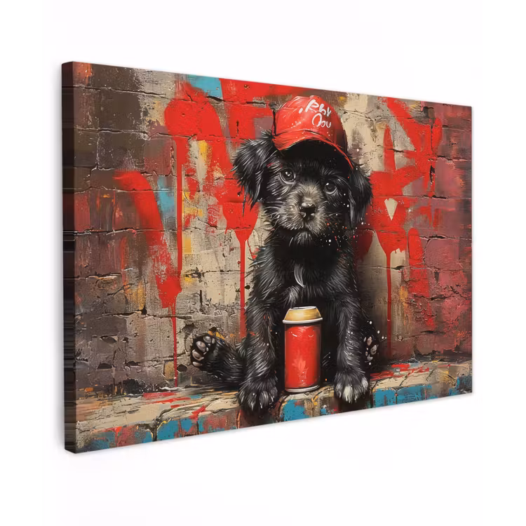 Buiten canvas - Puppy met Rode Pet en Spuitbus — 1