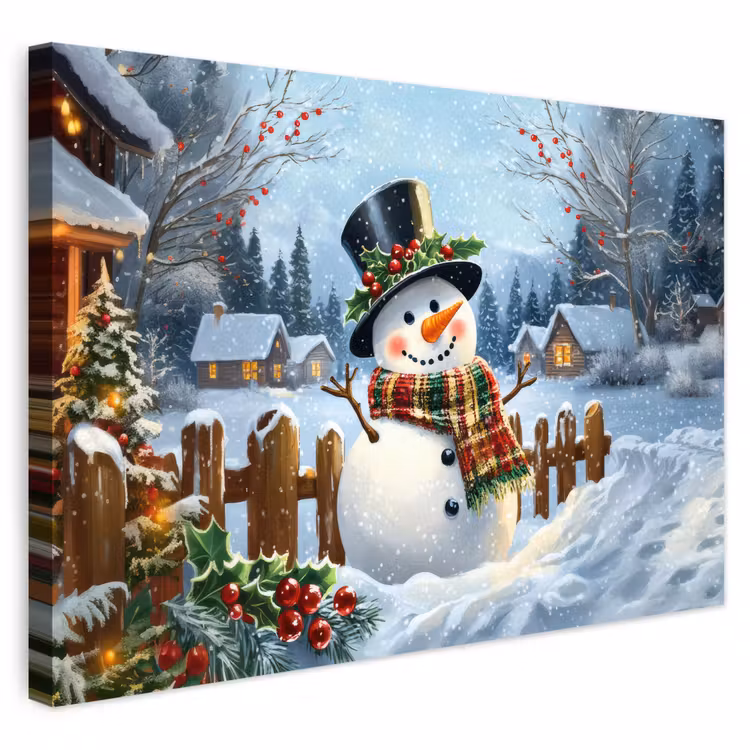 Buiten canvas - Sneeuwpop - Winterdorp - Kleurrijk — 1