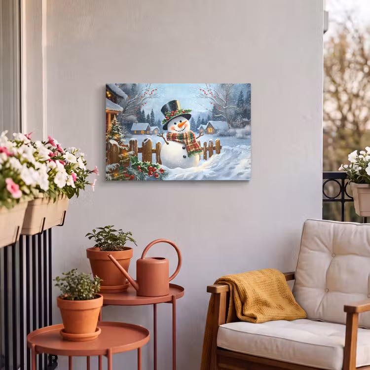 Buiten canvas - Sneeuwpop - Winterdorp - Kleurrijk — 3