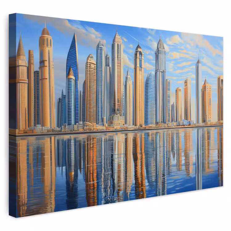 Buiten canvas - Skyline - Wolkenkrabbers - Water - Blauw — 1