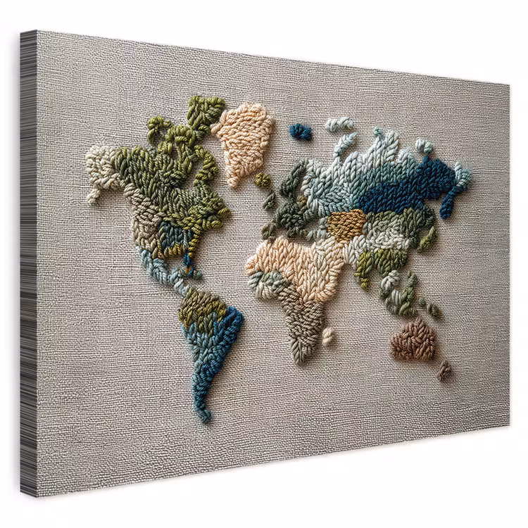 Buiten canvas - Wereldkaart - Geborduurd - Aardetinten — 1