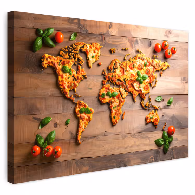 Buiten canvas - Wereldkaart - Pizza - Houten ondergrond — 1